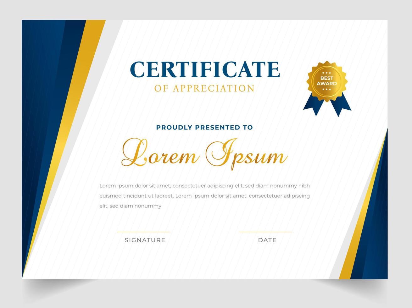 Certificate template in vector for achievement graduation completion. Certificate of appreciation template,  Clean modern certificate with gold badge.  luxury badge and modern line pattern Certificate