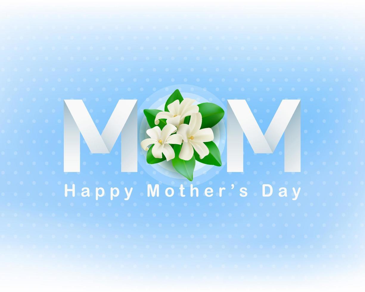 Mother's Day greeting card with paper cut lettering design and white flowers and leaves on a light blue background with white polka dots. vector