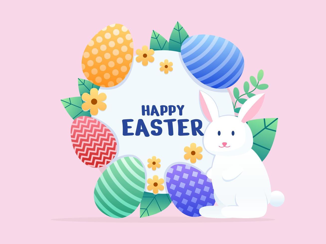 feliz diseño de moda de pascua con colorido huevo de pascua, conejo y elemento floral. diseño de moda de pascua. se puede utilizar para tarjetas de felicitación, carteles, postales, afiches, impresos, libros, animaciones, invitaciones, etc. vector