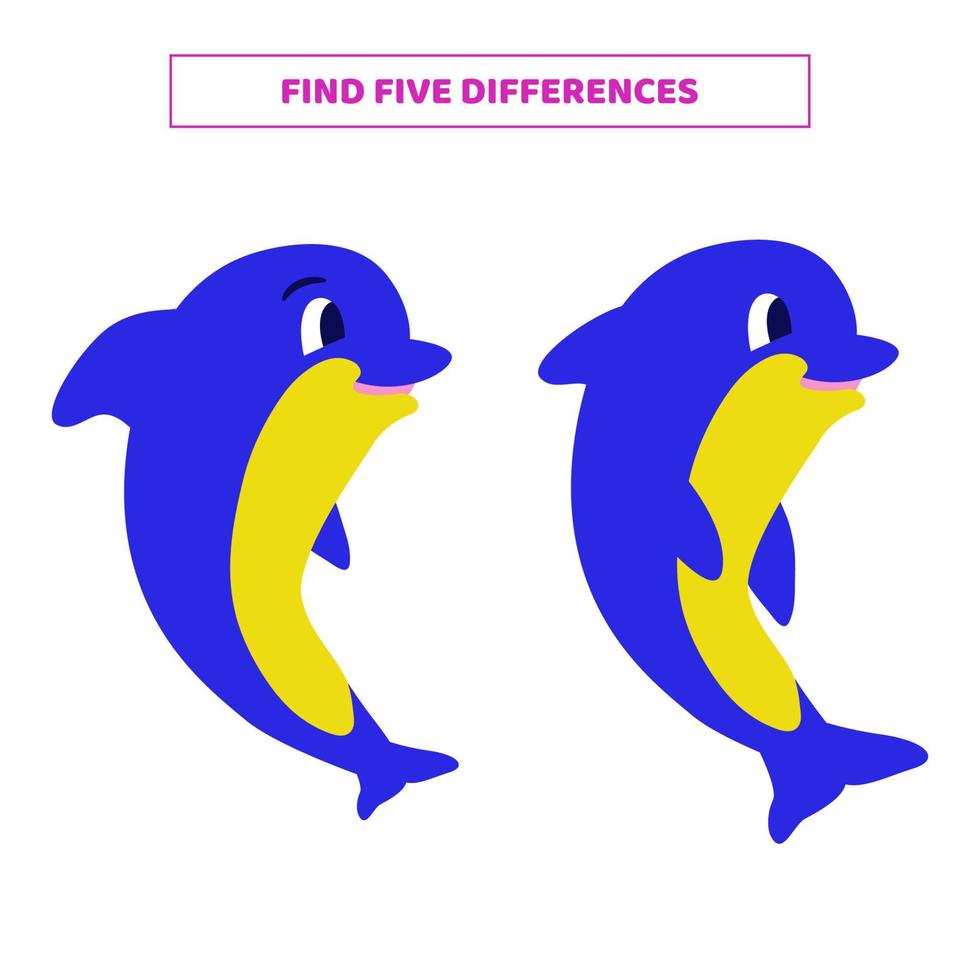 Find five differences between cartoon dolphins. vector