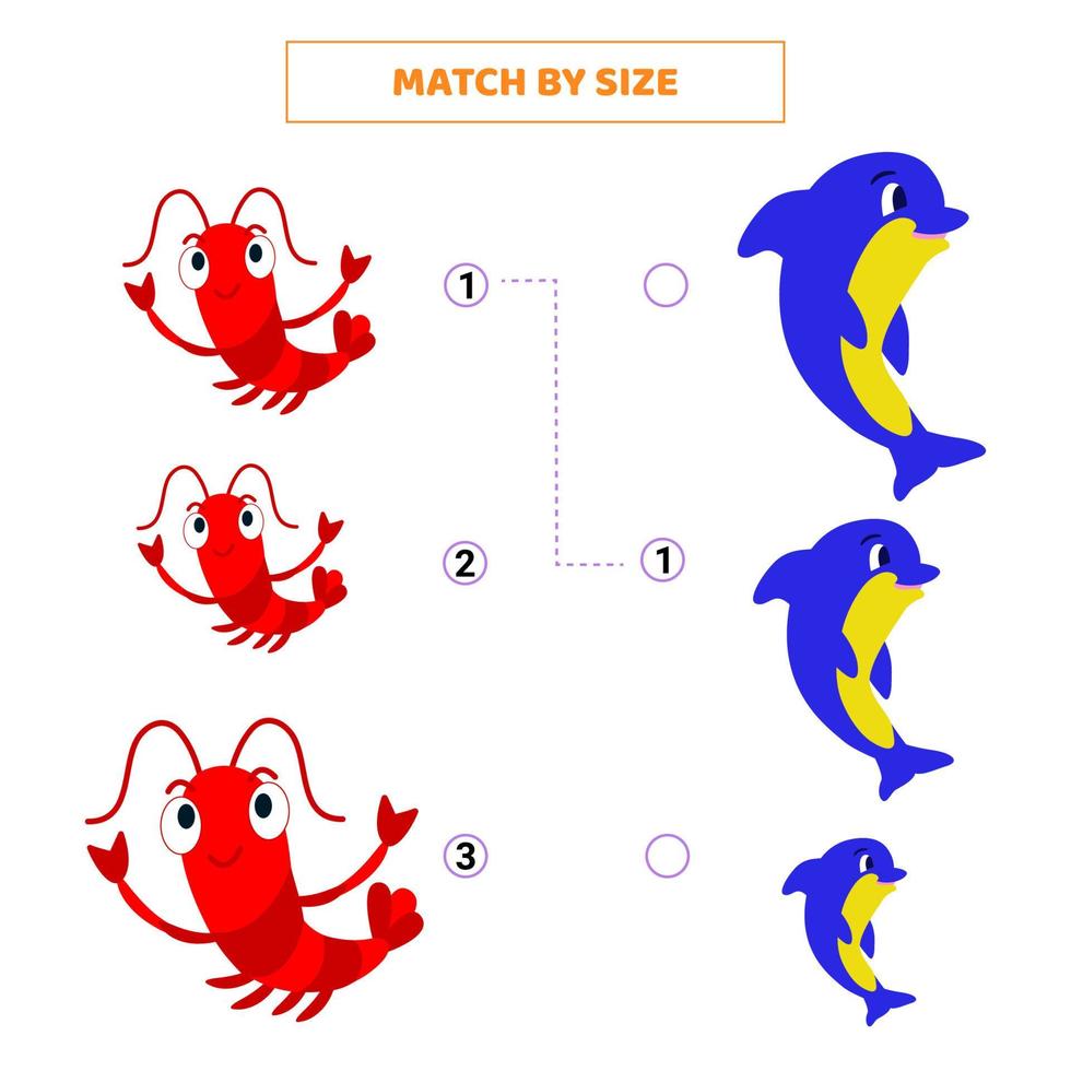 Match by size for cartoon dolphin and shrimp. vector