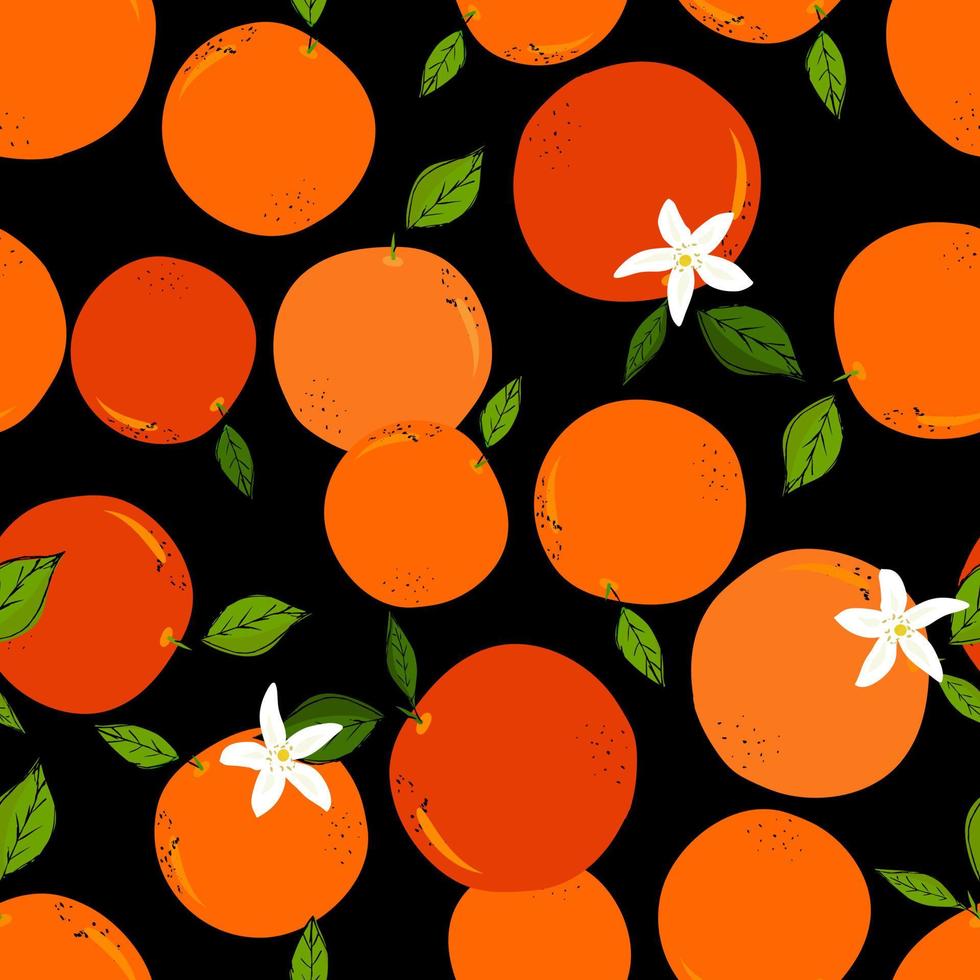 Seamless pattern of hand drawn oranges, green leaves and flowers on black background. Perfect for textile manufacturing wallpaper posters and web vector