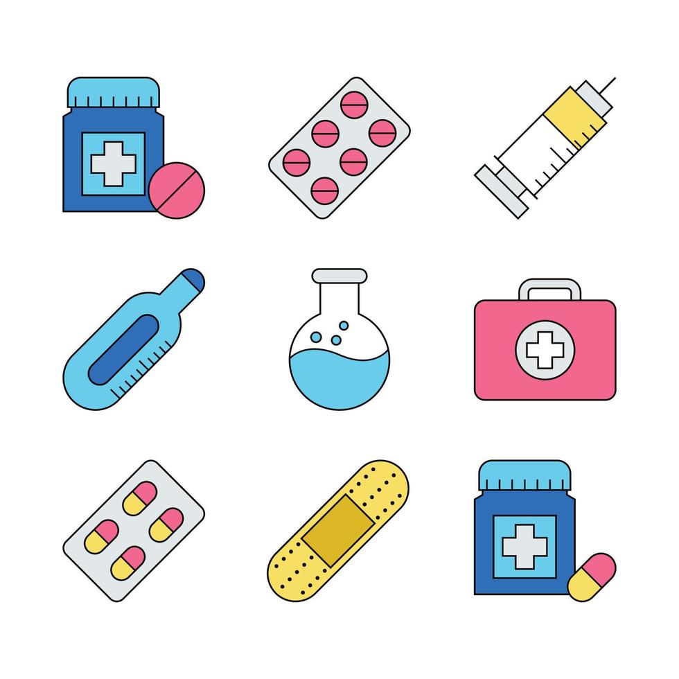esquema de medicina colección de iconos planos coloridos vector