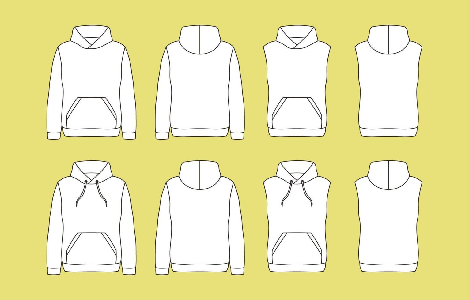 maqueta de sudadera con capucha con cuello y largo de manga alternativos vector