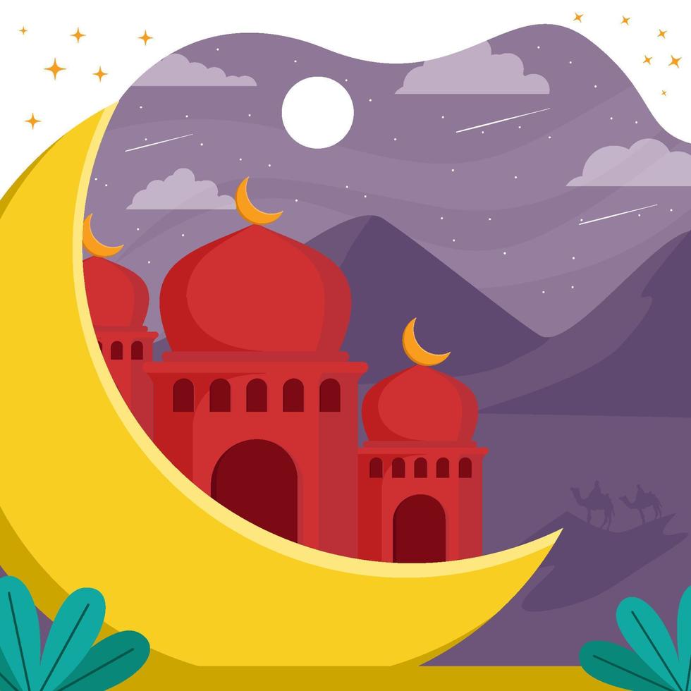 Flat Ramadan Kareem with Mosque in the Night vector