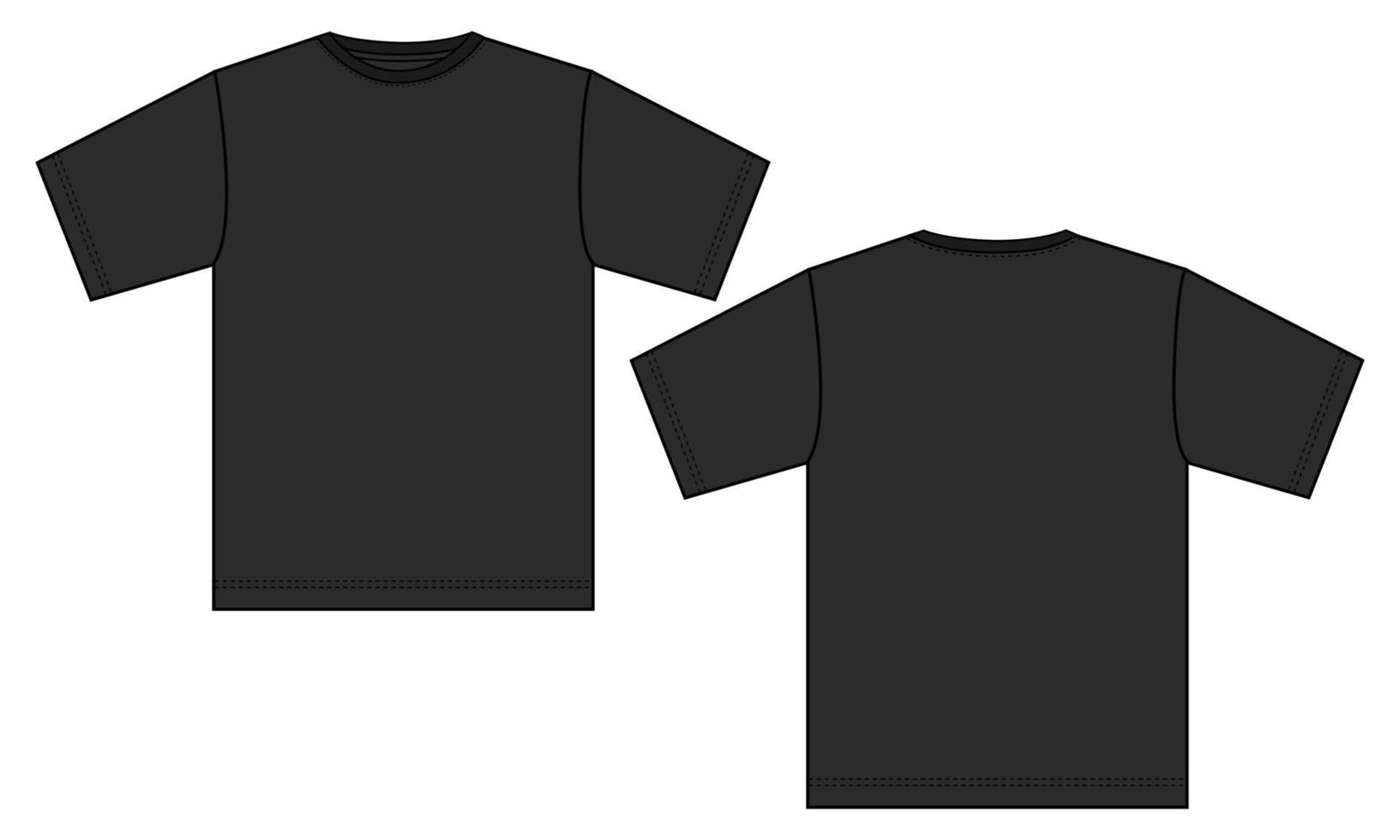 camiseta técnica moda dibujo plano vector ilustración color negro plantilla vistas frontal y posterior aisladas sobre fondo blanco.