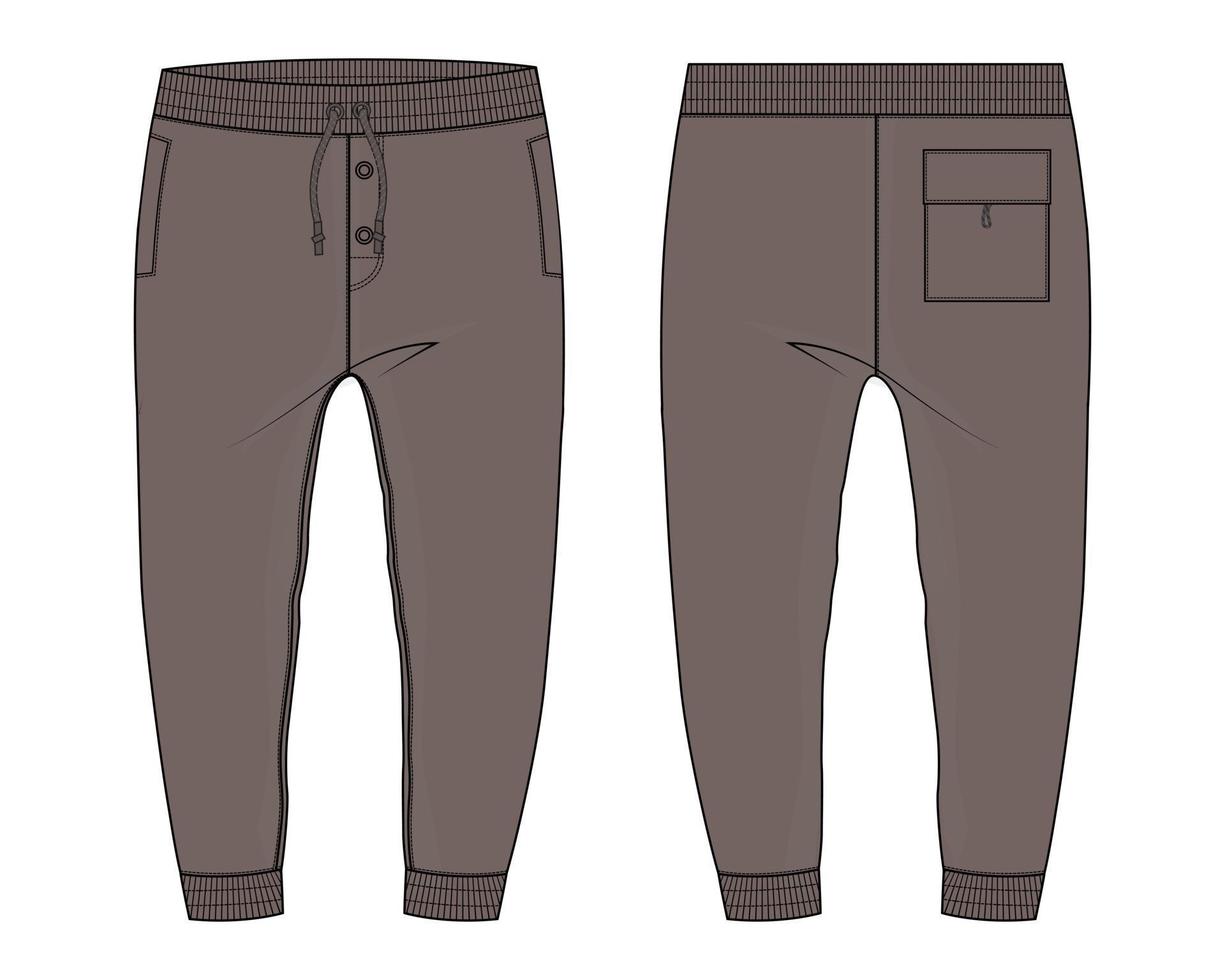 Sweatpants Vector illustration Khaki Color template Front and back views isolated on white background.