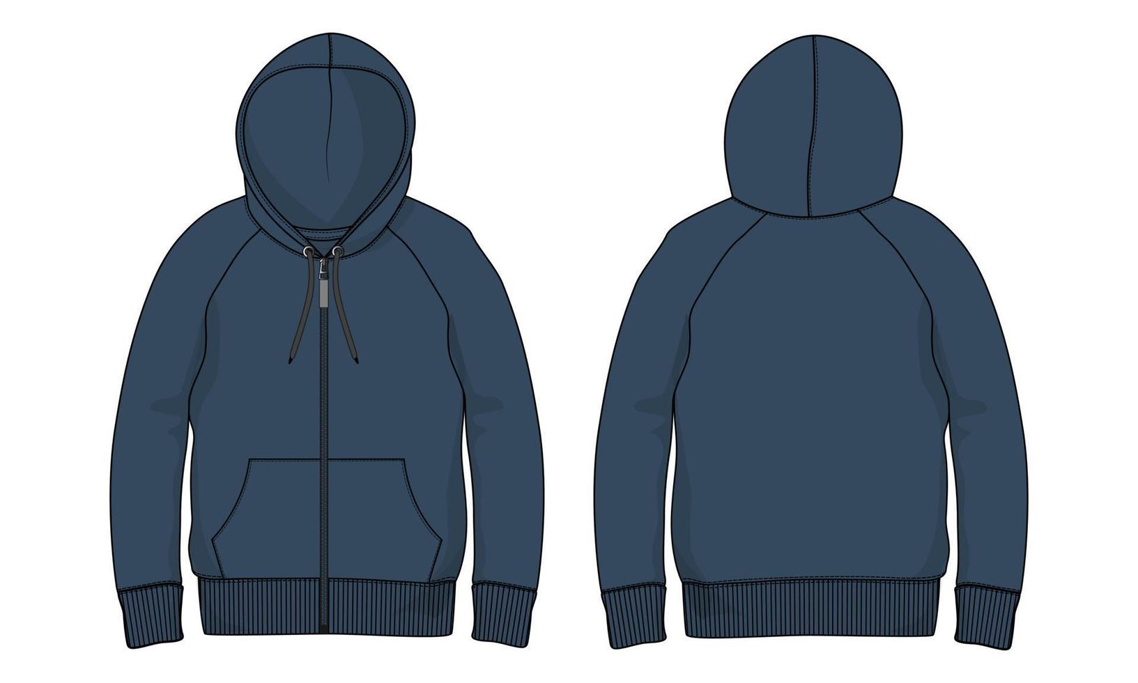 Long Sleeve Hoodie Vector illustration Navy Blue Color  template Front and Back views Isolated on white Background.