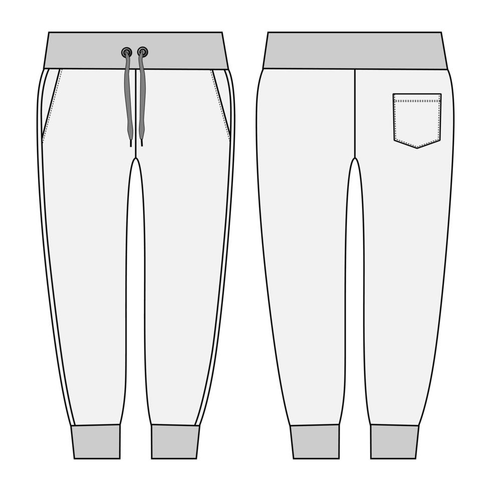 Fleece fabric Jogger Sweatpants overall technical fashion flat sketch vector illustration template front, back views. Apparel Clothing Design Mock up Cad.
