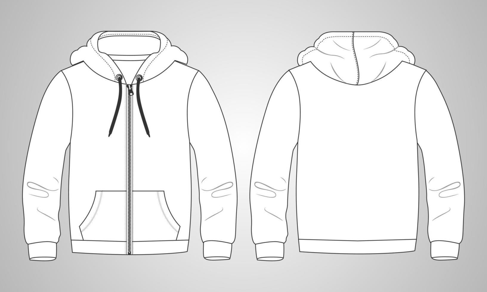 sudadera con capucha de manga larga con cremallera vista frontal y trasera de la plantilla de dibujo técnico de moda. ropa vestido diseño ilustración vectorial maqueta chaqueta cad. edición fácil y personalizable. vector