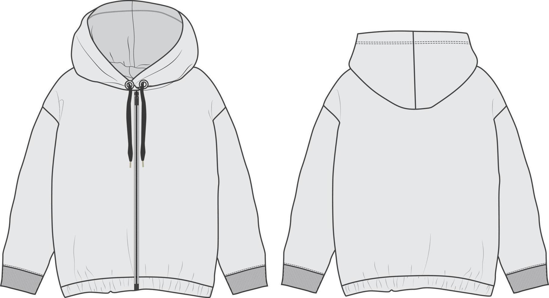 Long sleeve Hoodie Sweat jacket with zipper overall technical fashion flat sketch template front and back views. Vector illustration Flat drawing Dress Design Mock up. Easy edit and customizable.