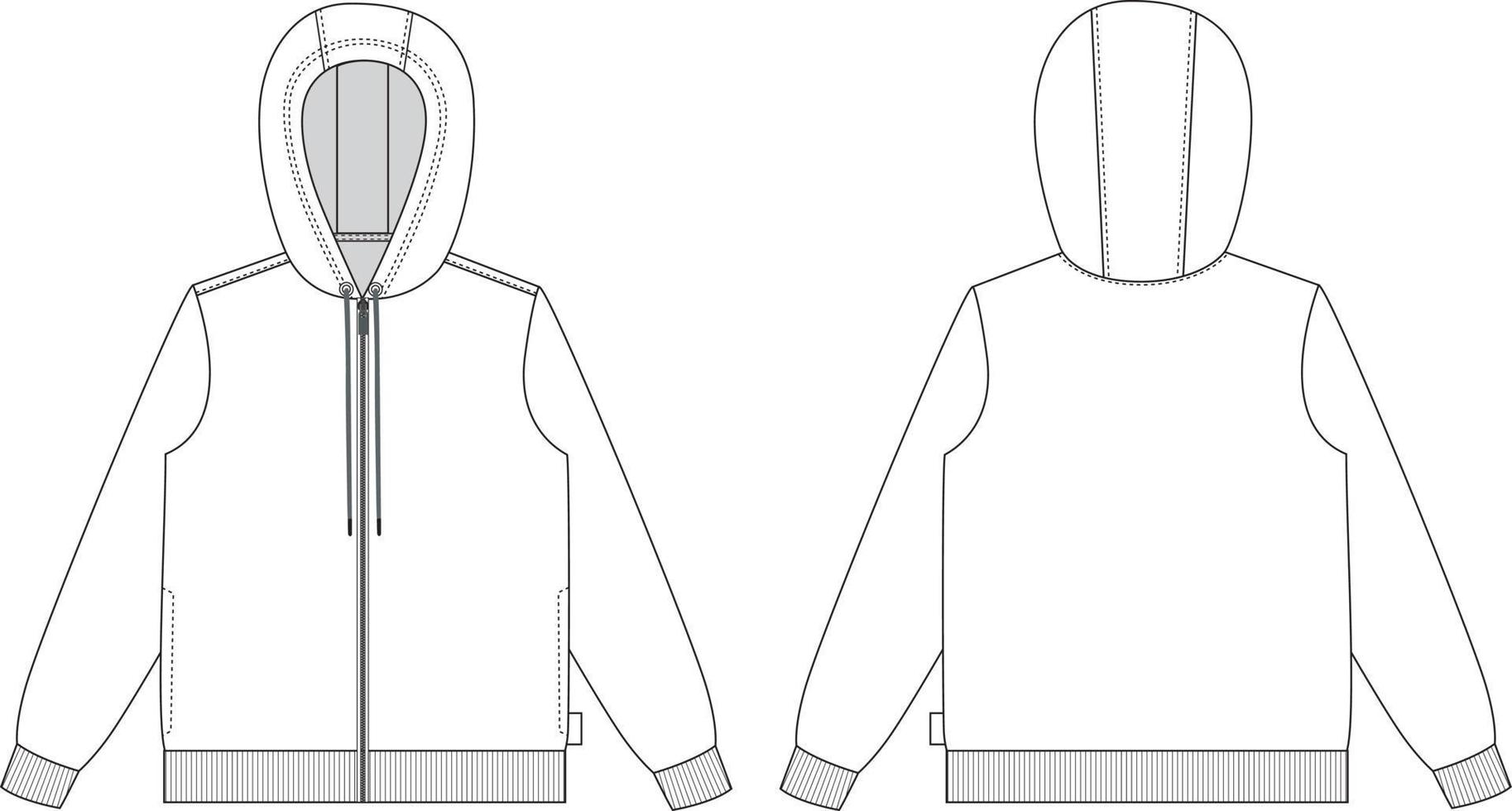 sudadera con capucha de manga larga con cremallera en general planos técnicos de moda bosquejo vector ilustración plantilla vistas frontal y posterior aisladas sobre fondo blanco. edición fácil y personalizable.