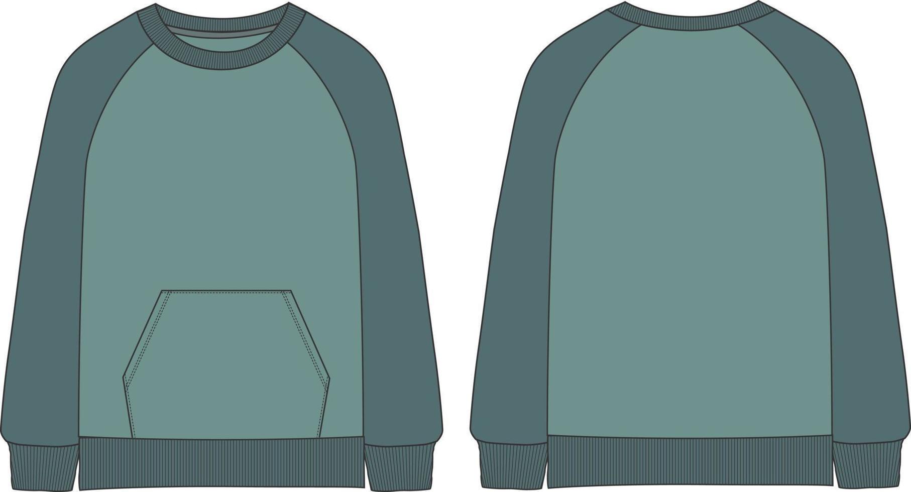 Two color cotton jersey, long sleeve, round neckline with pocket technical fashion flat sketch vector mock up template front and back views isolated on white background.