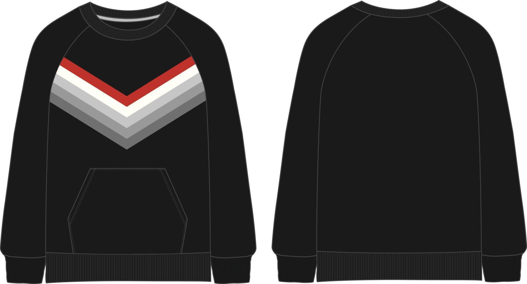 Cotton fleece jersey long sleeve sweatshirt with chest stripe Print technical fashion flat sketch vector template front and back views isolated on white background. Men's clothing unisex top cad.