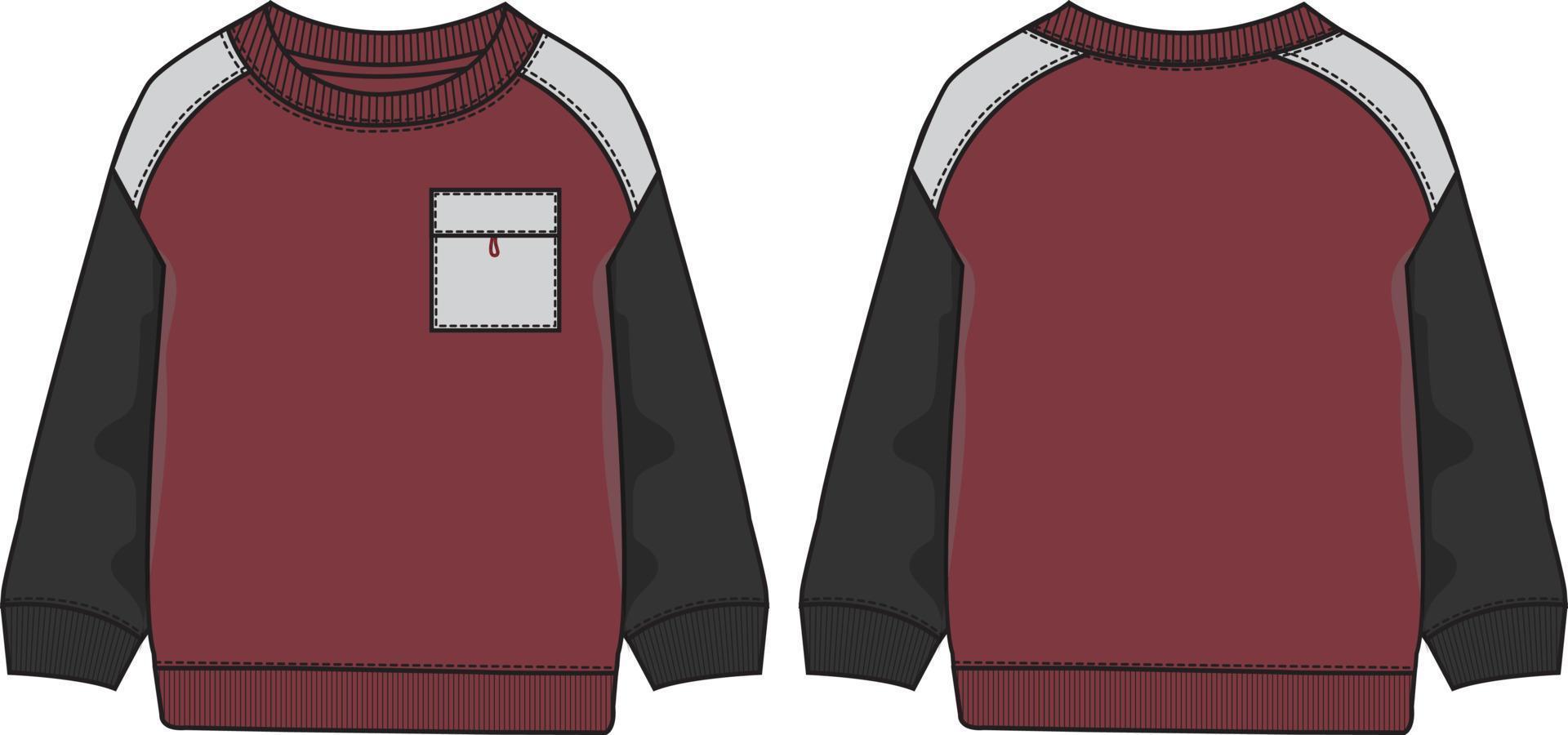 Two tone black and red color long sleeve sweatshirt flat sketch vector template for mens.