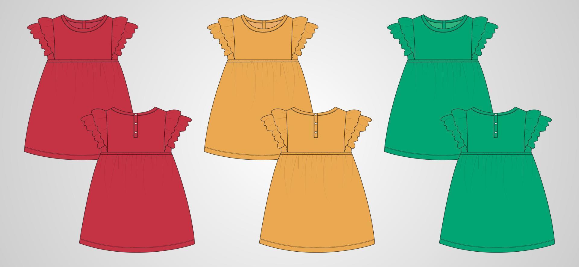 Conjunto multicolor de colección de plantillas de ilustración de vector de dibujo plano técnico de diseño de vestido de niñas. prendas de vestir se burlan de las vistas delantera y trasera aisladas en fondo blanco.