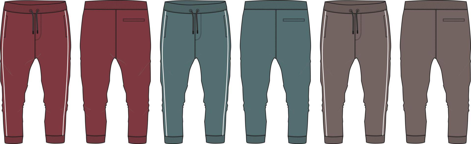 Multi color Set of collection Basic Sweat pant technical fashion flat sketch template front and back views. Apparel Fleece Cotton jogger pants vector illustration drawing mock up for kids and boys.
