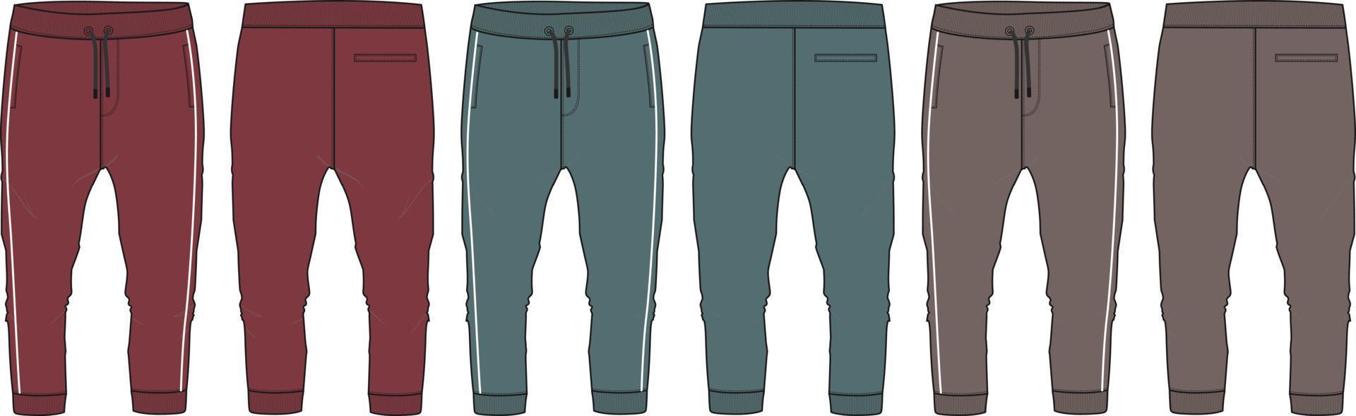 conjunto de varios colores de la colección básica de pantalones de chándal, vista frontal y posterior de la plantilla de boceto plano de moda técnica. Prendas de vestir pantalones jogger de algodón polar dibujo de ilustración vectorial maqueta para niños y niños. vector