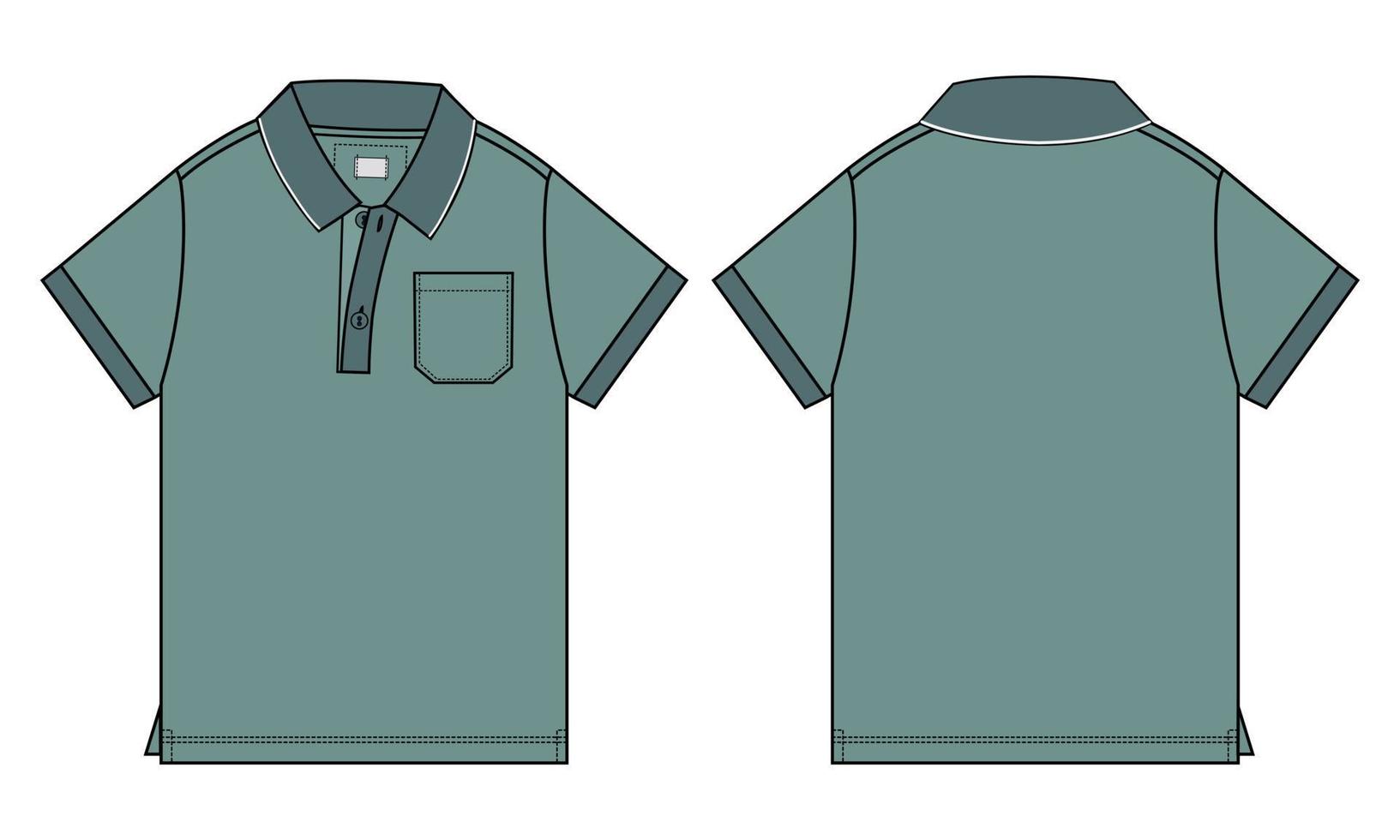 polo de manga corta moda técnica boceto plano ilustración vectorial plantilla de color verde vistas frontal y posterior aisladas sobre fondo blanco. vector