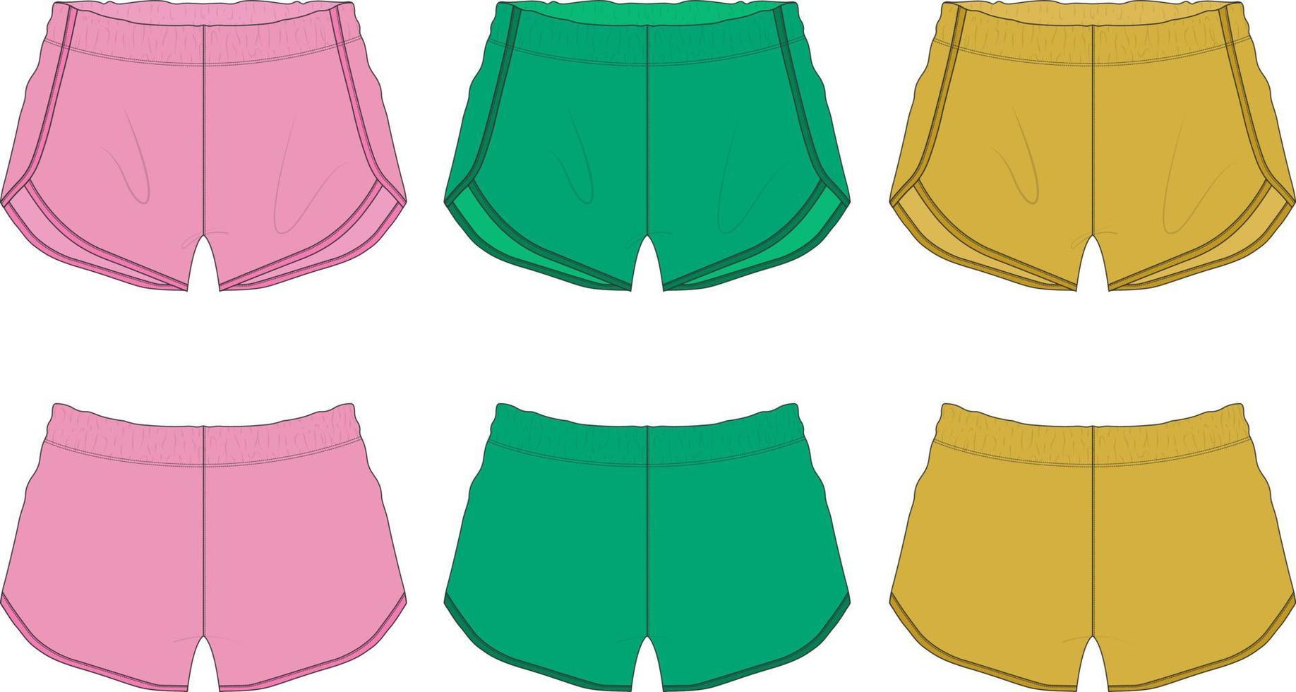 conjunto de colección de pantalones cortos de varios colores plantilla de ilustración de vector de boceto plano de moda técnica general de hombres y mujeres. Prendas de vestir de tela de algodón pantalones cortos deportivos de color rosa, verde y amarillo.