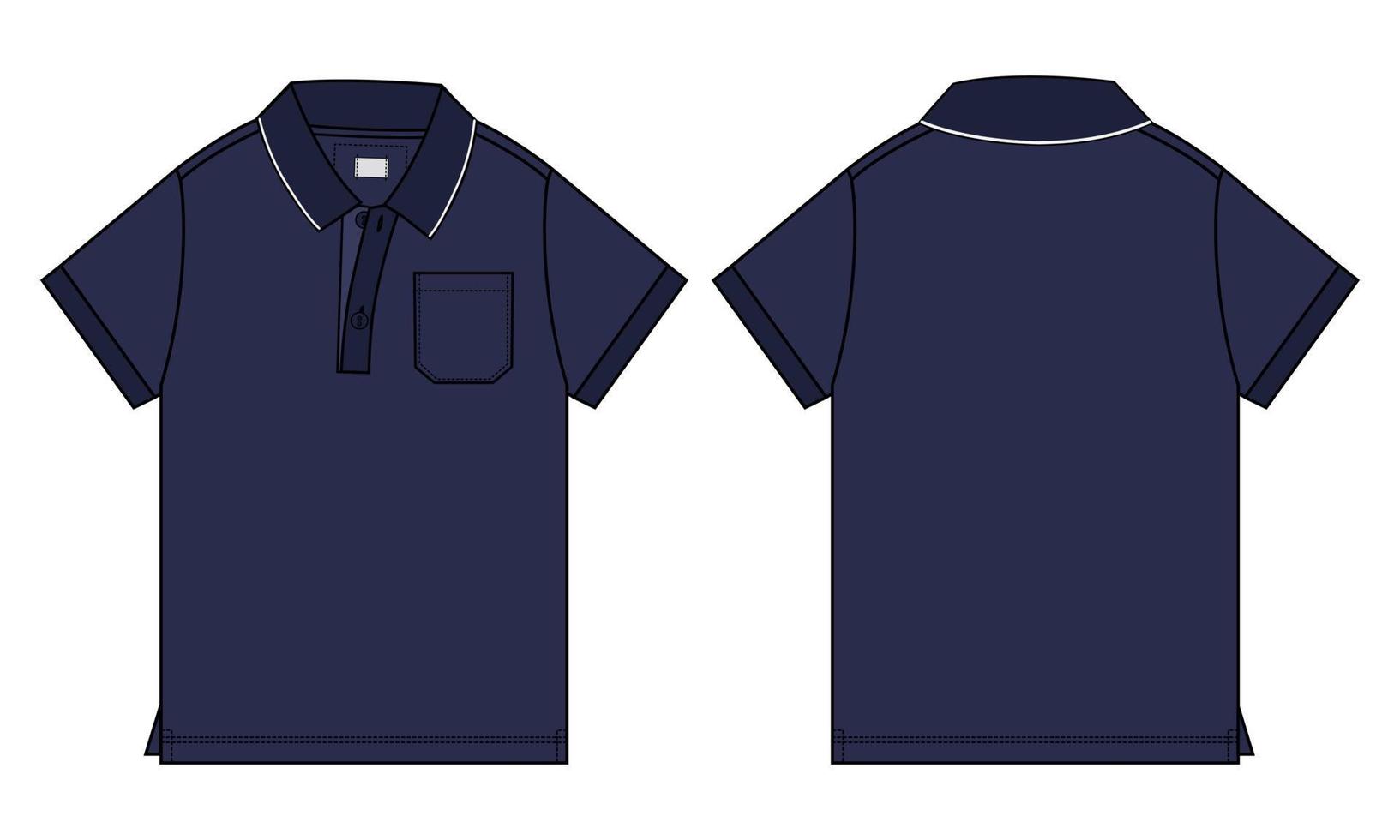 Short Sleeve polo shirt Technical fashion flat sketch vector illustration Navy color template front and back views isolated on white background.