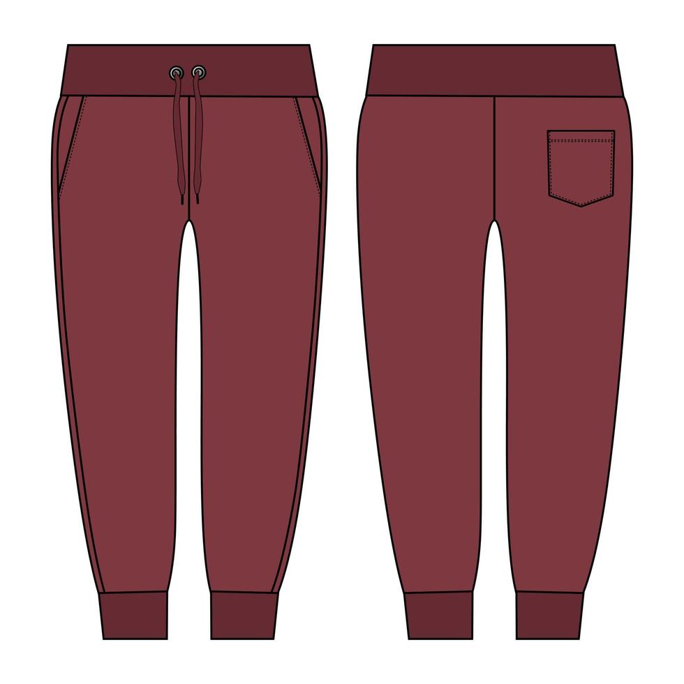 Jogger pants fashion Technical flat sketch vector Red Color template front, back view. Slim fit Sport Jogger fashion CAD Technical sketch vector Mock up Cad.