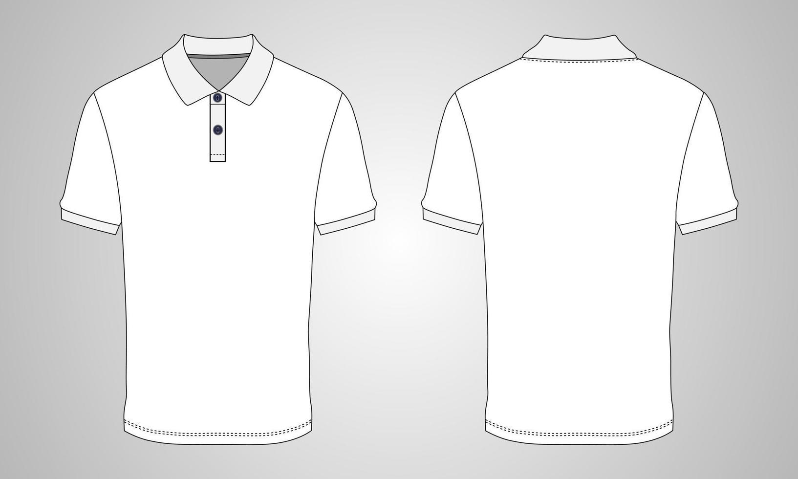 vista frontal y posterior de la plantilla de ilustración vectorial de la camiseta de polo. ropa polo camiseta maqueta cad. vector