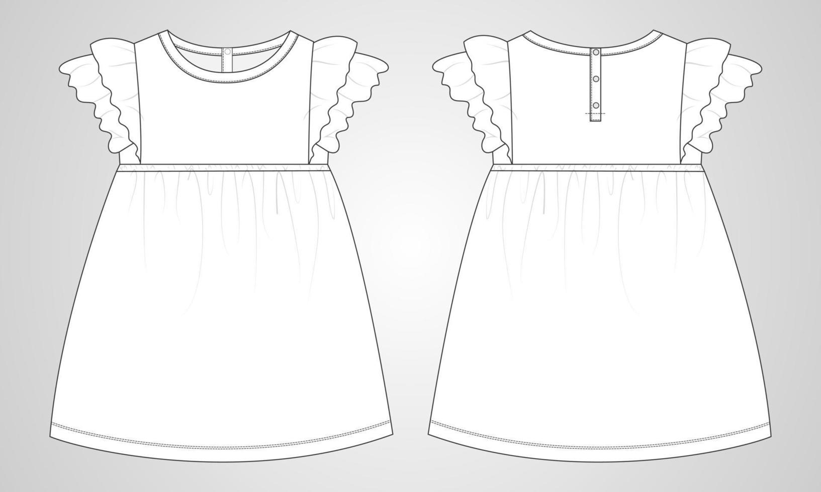 Plantilla de ilustración de vector de dibujo plano técnico de diseño de vestido de niñas. prendas de vestir se burlan de las vistas delantera y trasera aisladas en fondo gris. dibujo de arte vectorial de moda para niños fácil de editar.