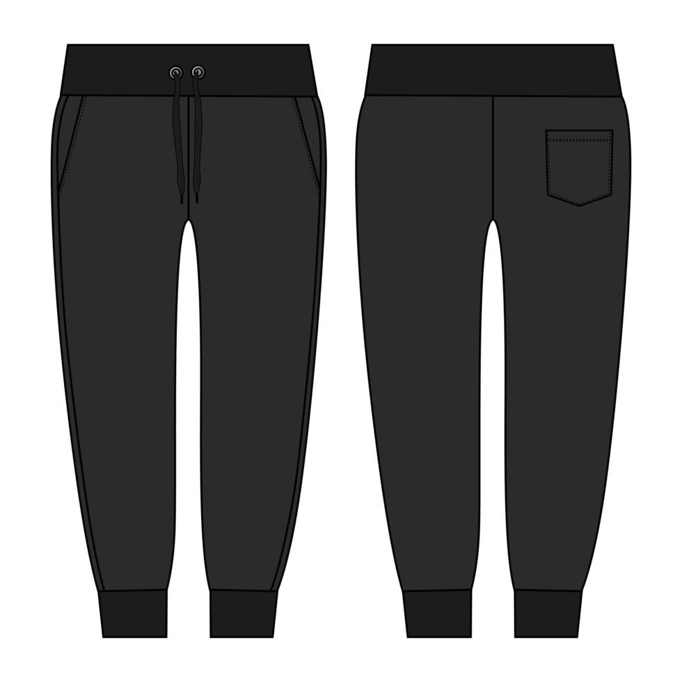 Jogger pants fashion Technical flat sketch vector Black Color template front, back view. Slim fit Sport Jogger fashion CAD Technical sketch vector Mock up Cad.