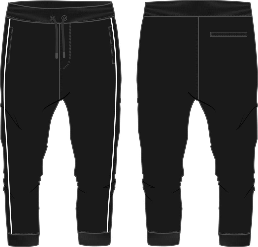 Black  color Basic Sweat pant technical fashion flat sketch template front, back views. Apparel Fleece Cotton jogger pants vector illustration drawing mock up for kids and boys.