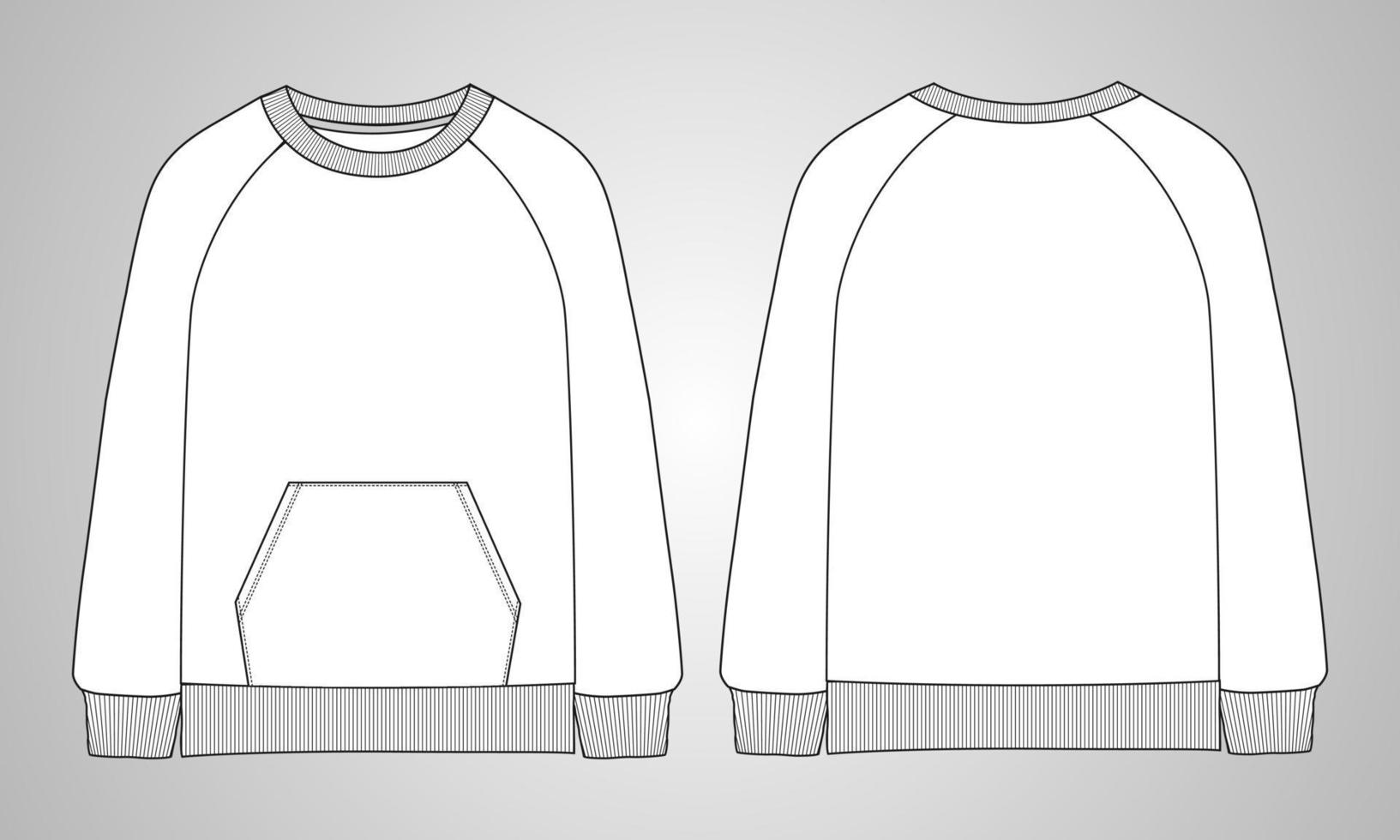 sudadera de manga larga con bolsillo vista frontal y trasera de la plantilla de ilustración vectorial de boceto plano de moda técnica general. vector