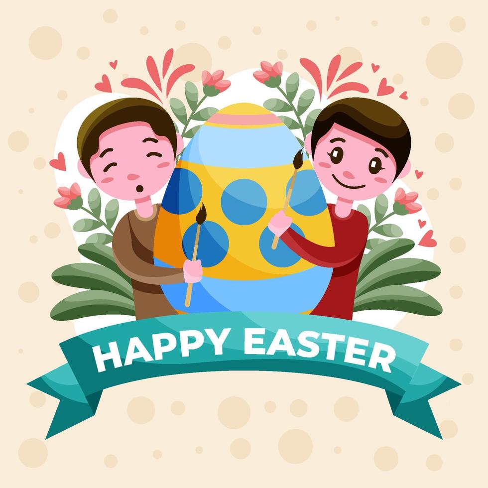 Happy Boys Decorating an Easter Egg vector