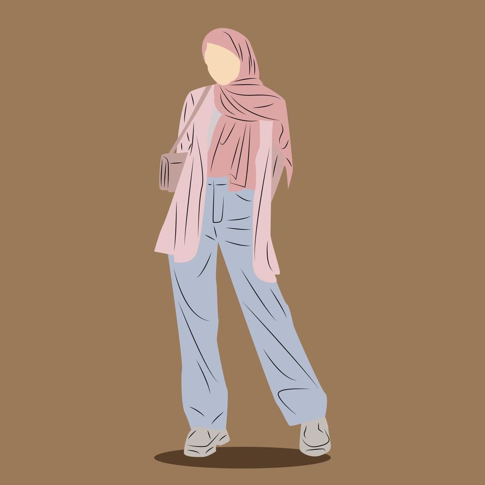 Muslim Girls Wearing Fashionable Office Looks in Simple Flat Illustration Style. Female Hijab Casual Concept. vector