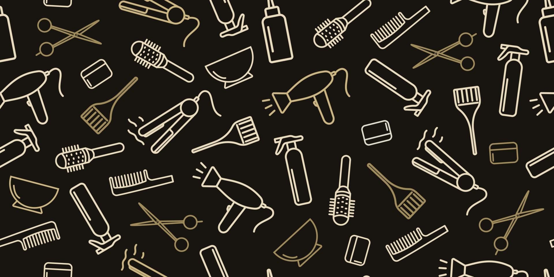 Professional equipment for hairdressing salon. Hair stylist tools horizontal seamless vector pattern. Linear icons haircut, hair coloring. Golden outline on a black background. For printing, banners.