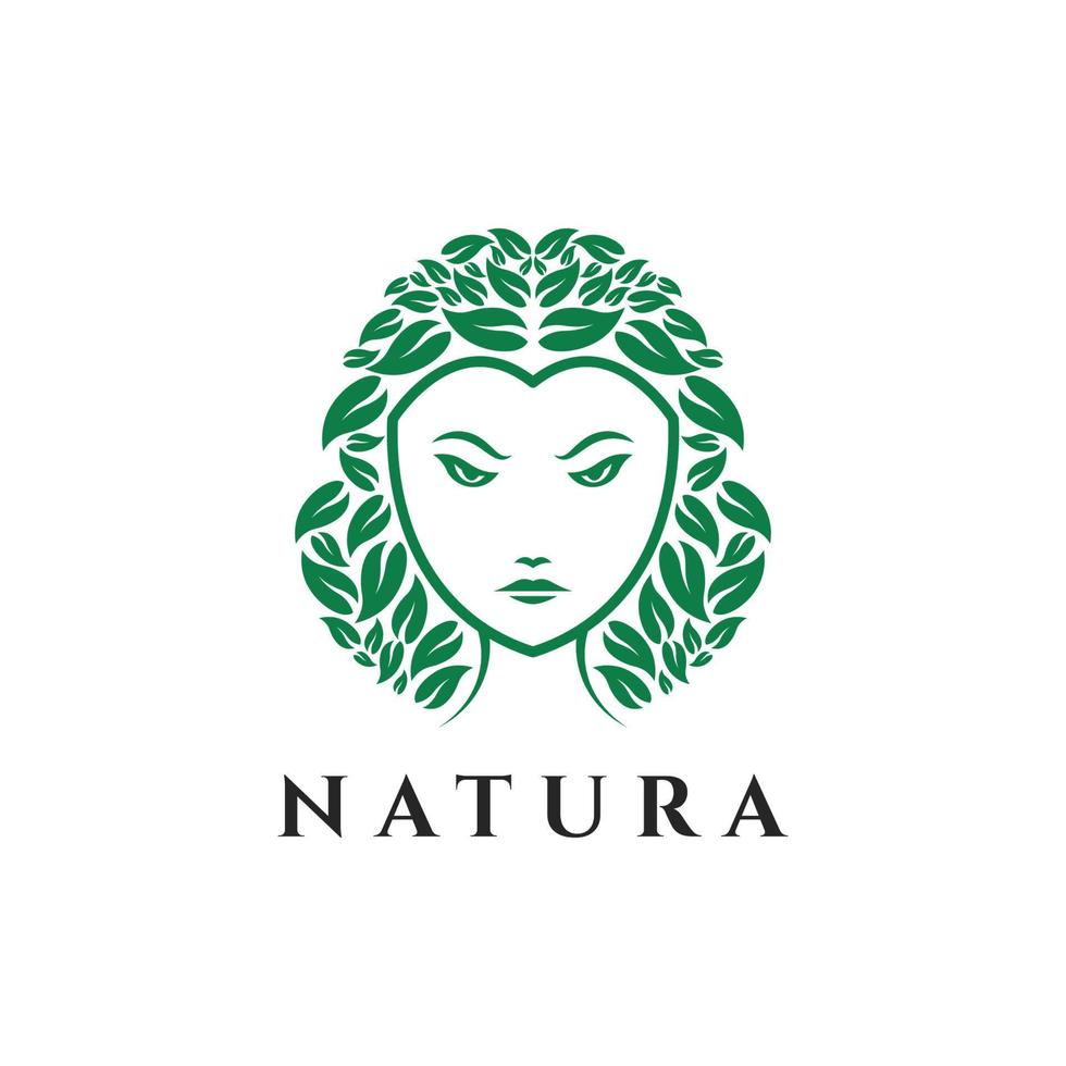 Woman face with leaf hair nature logo vector illustration design, woman nature logo template inspiration