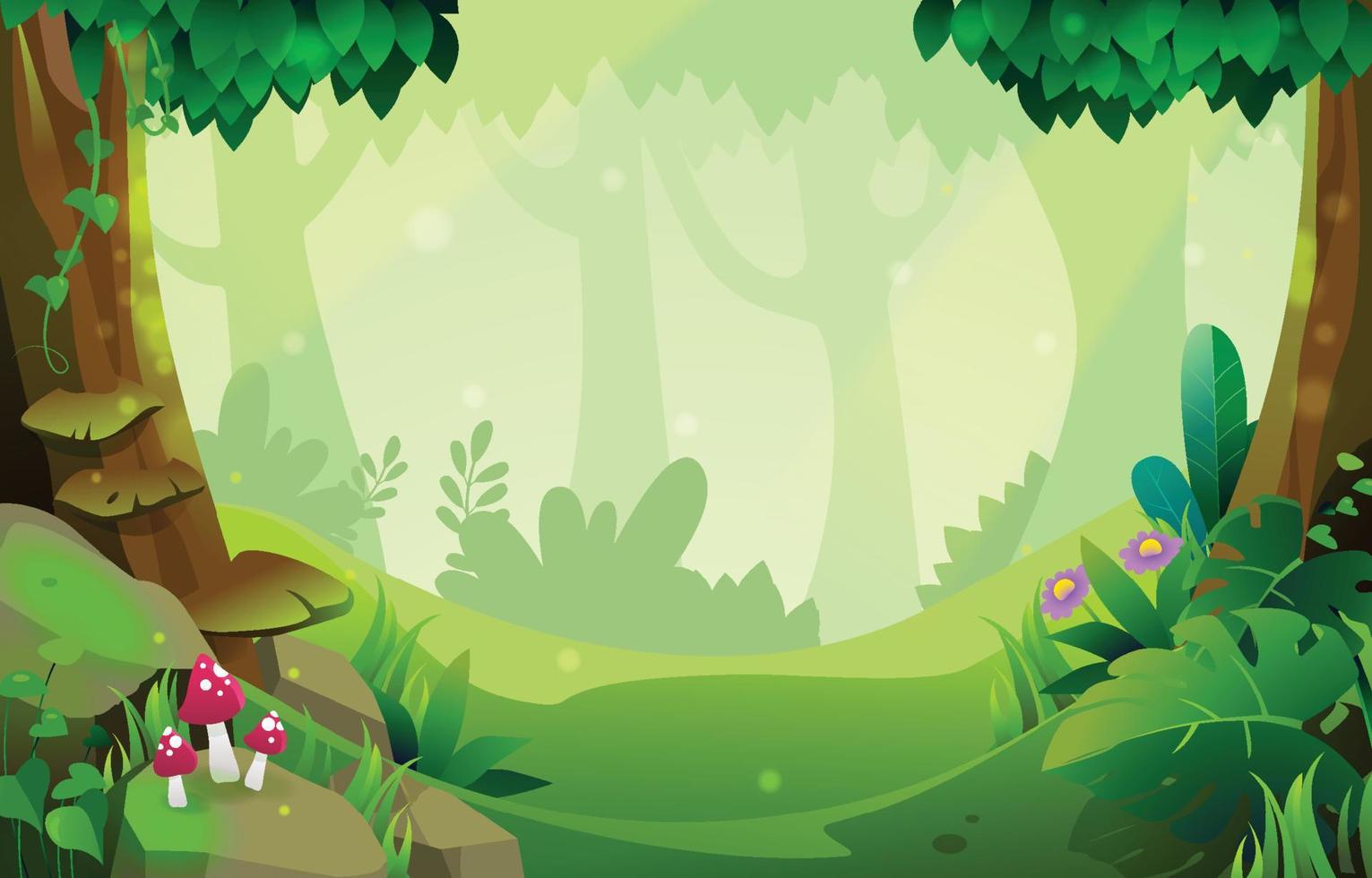 paisaje de bosque profundo de verano en estilo de dibujos animados vector