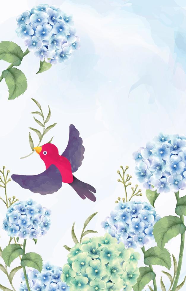 Scarlet Tanager Playing With Hydrangea Flower in Spring Season vector