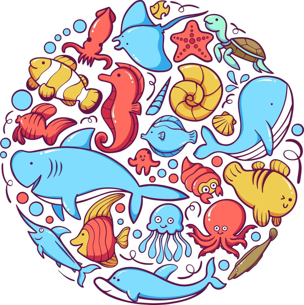 Sea Animal Character Doodle Pack vector