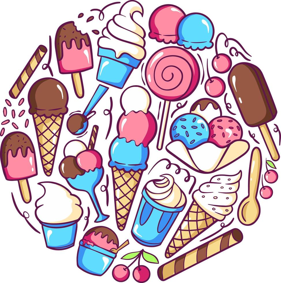 paquete de doodle de elemento de helado vector