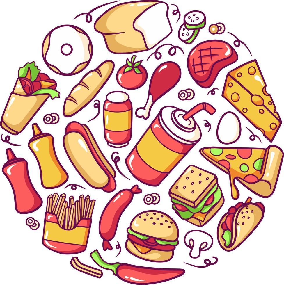 paquete de doodle de elementos de comida rápida vector