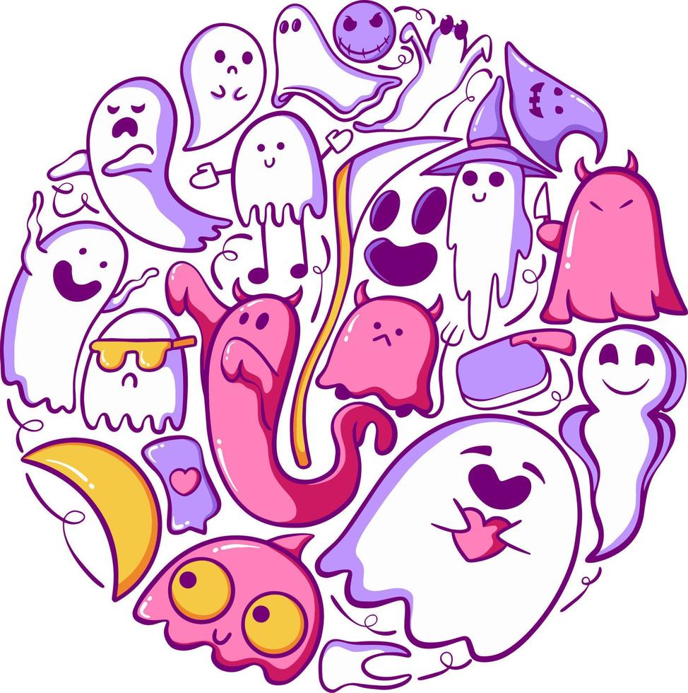 paquete de doodle de elemento de dibujos animados fantasma vector