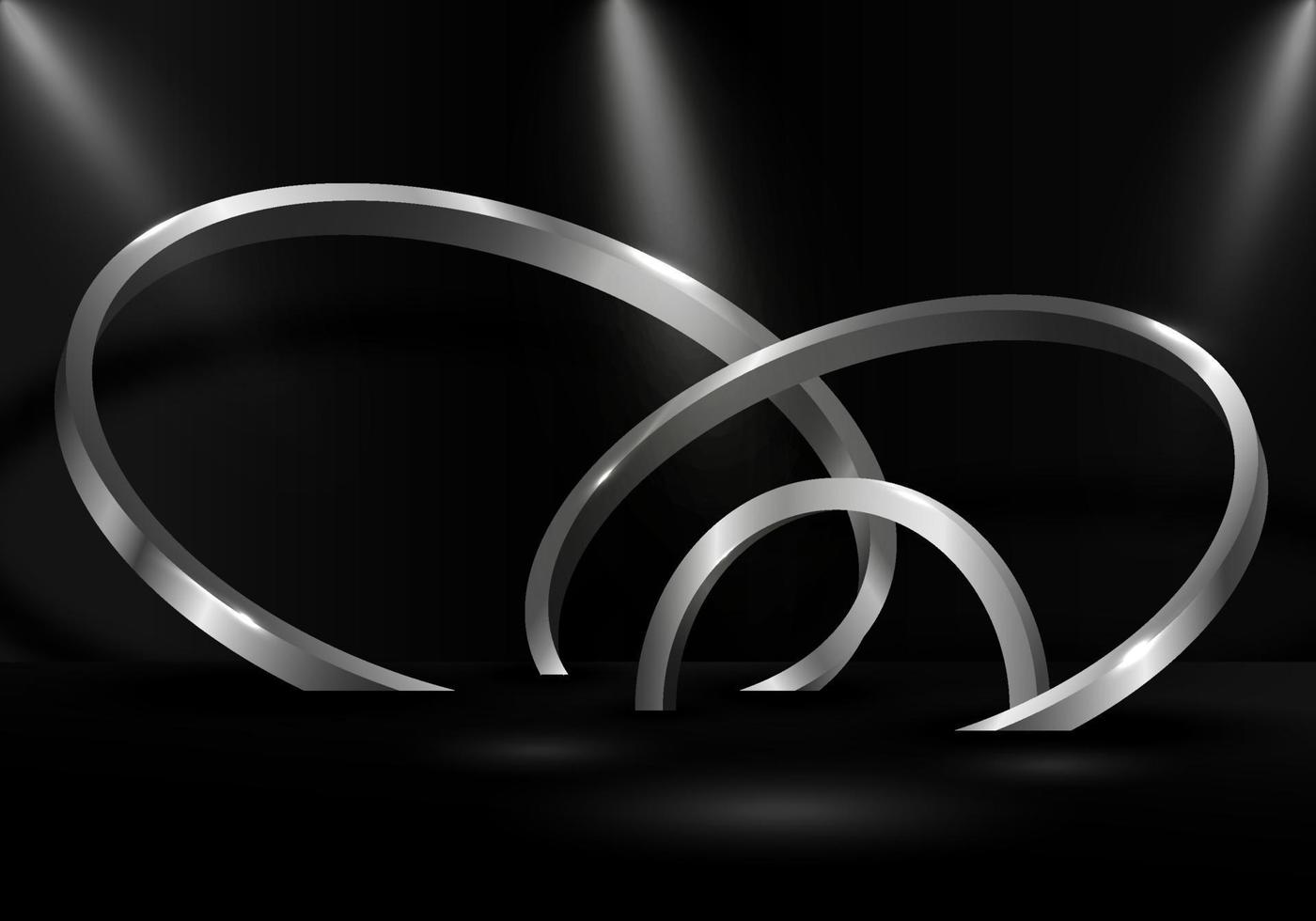 Abstract silver metallic ring display 3D artwork with spotlight background. vector