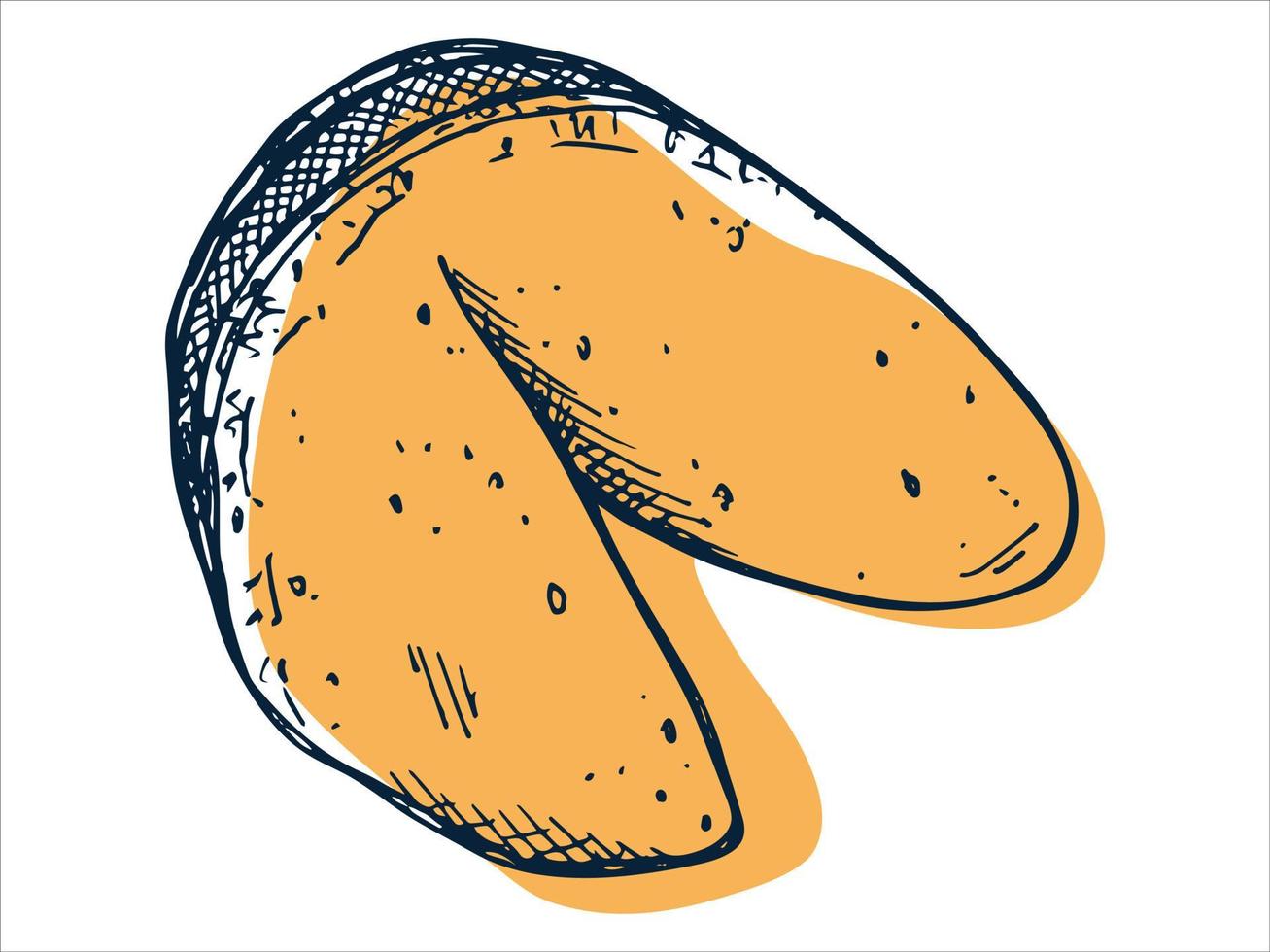 Vector hand drawn chinese fortune cookie isolated on white backgrounds. Food illustration. Crisp cookie with a blank piece of paper inside. For print, web, design, decor, logo.