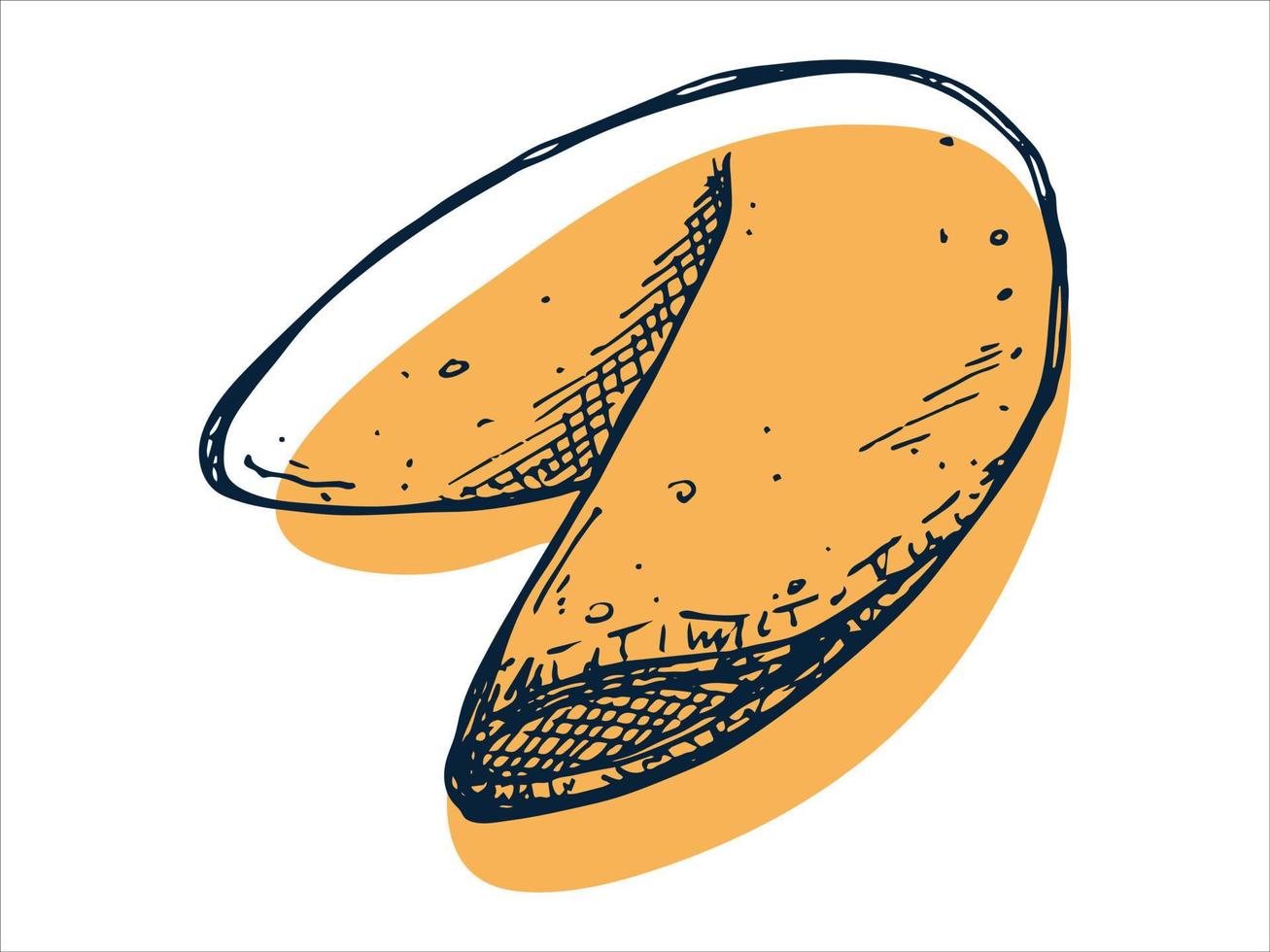 galleta de la fortuna china dibujada a mano vectorial aislada en fondos blancos. ilustración de comida galleta crujiente con un papel en blanco dentro. para impresión, web, diseño, decoración, logotipo. vector