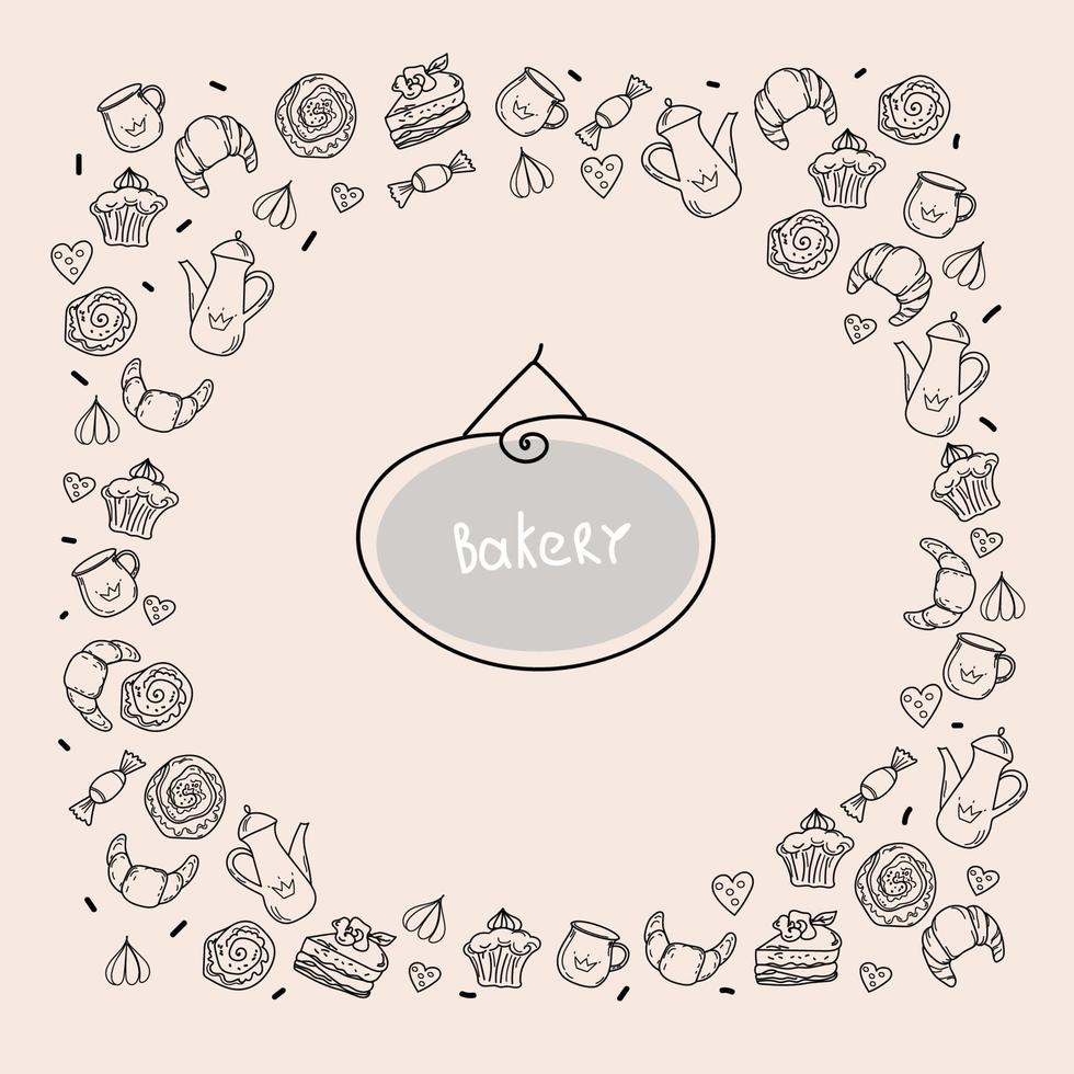 Hand drawn set of bakery and baking elements, doodle sketch style design. vector