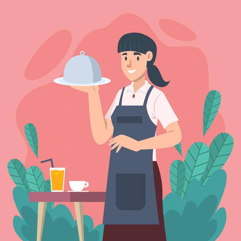 A Waitress Holding A Course For Guest vector