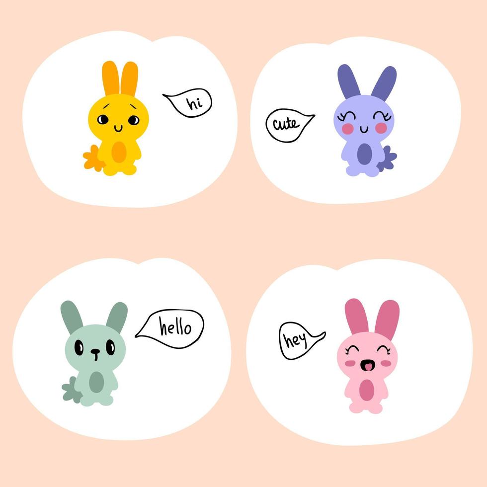 Hand drawn talking bunnies sticker set. vector