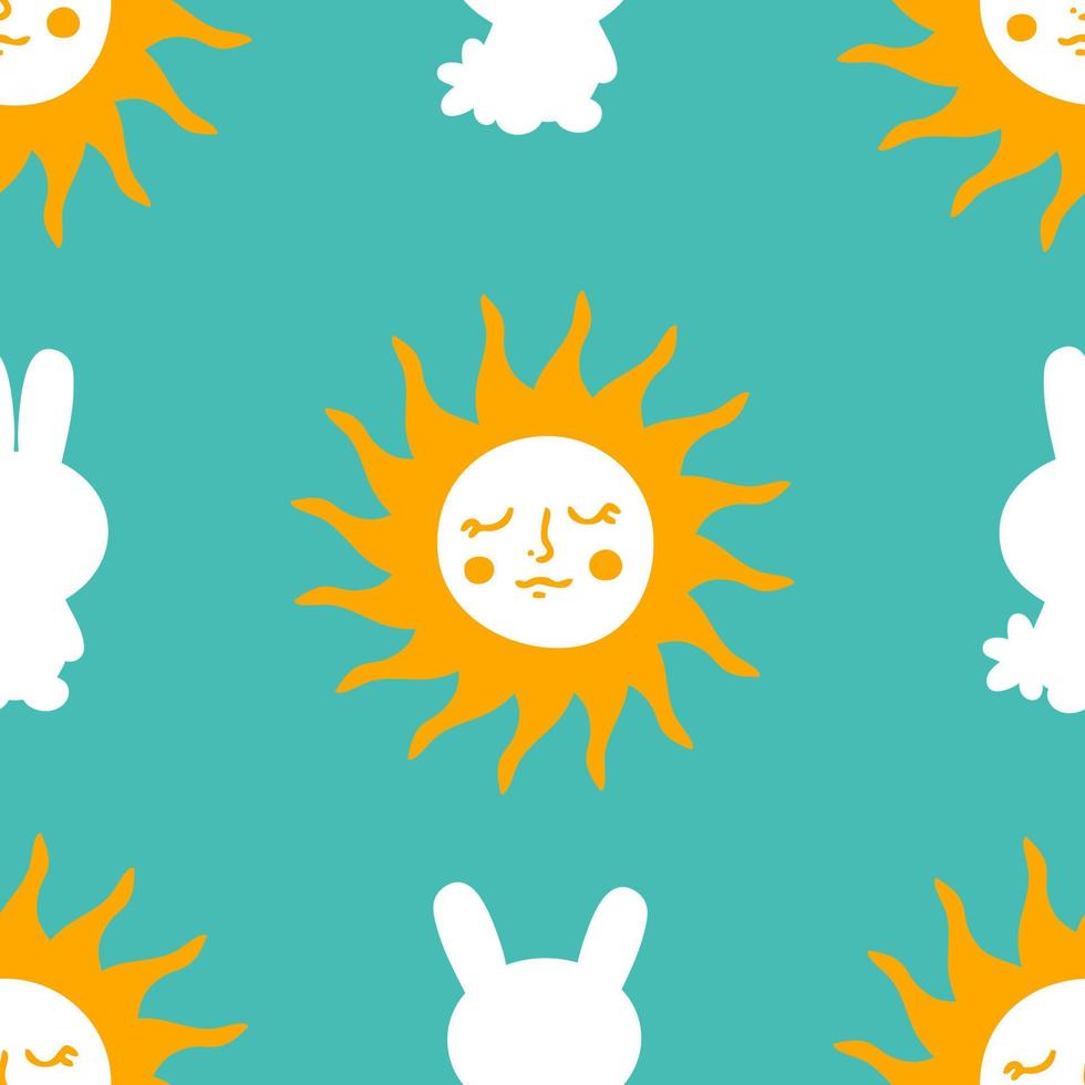 Bright festive Easter seamless pattern with bunnies silhouettes and sun. vector