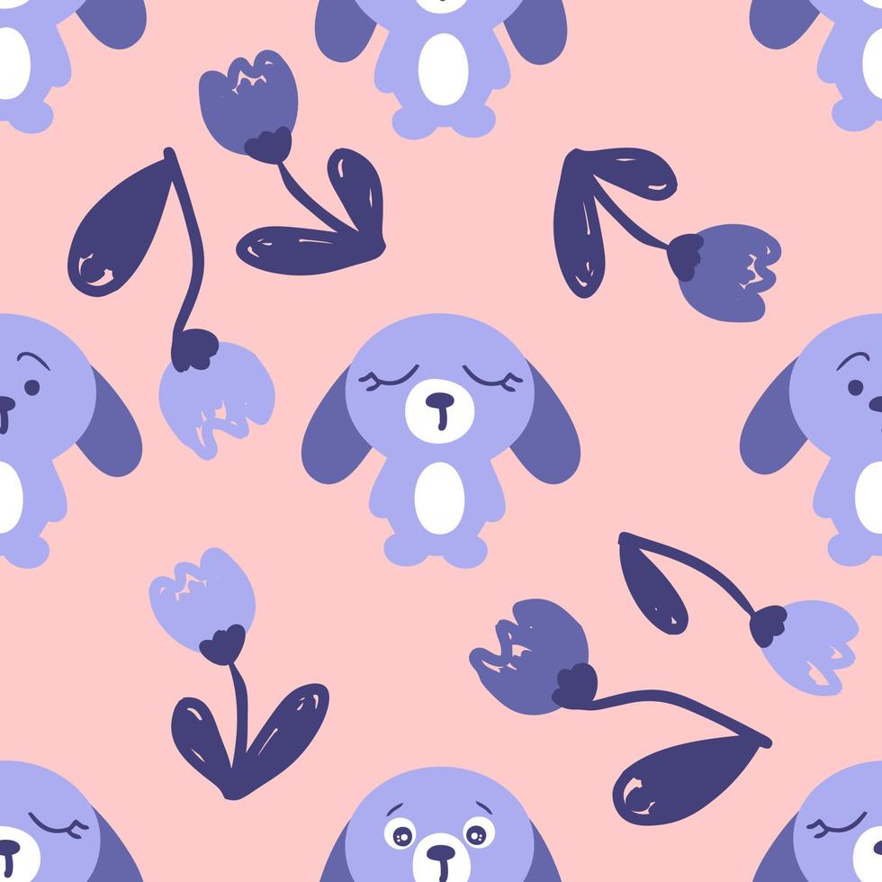 Hand drawn Easter bunnies seamless pattern with tulip flowers. vector