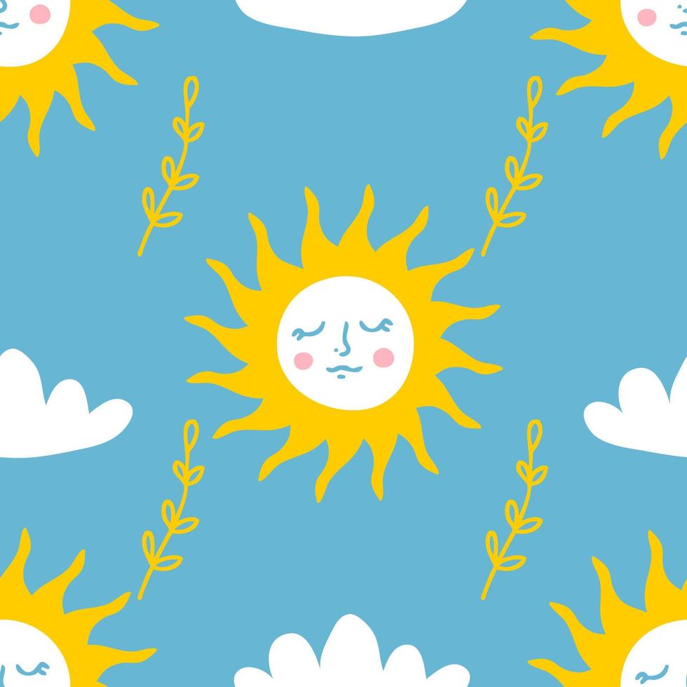 Hand drawn summer seamless pattern with sun, clouds and wheat. vector